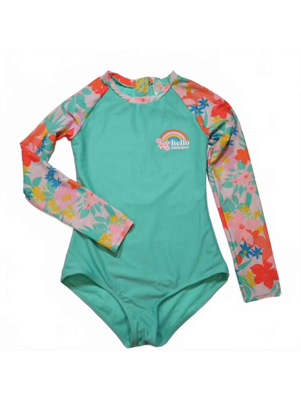Cat & Jack Girls Size L 10/12 Swimsuit Long Sleeve Green & Floral One Piece